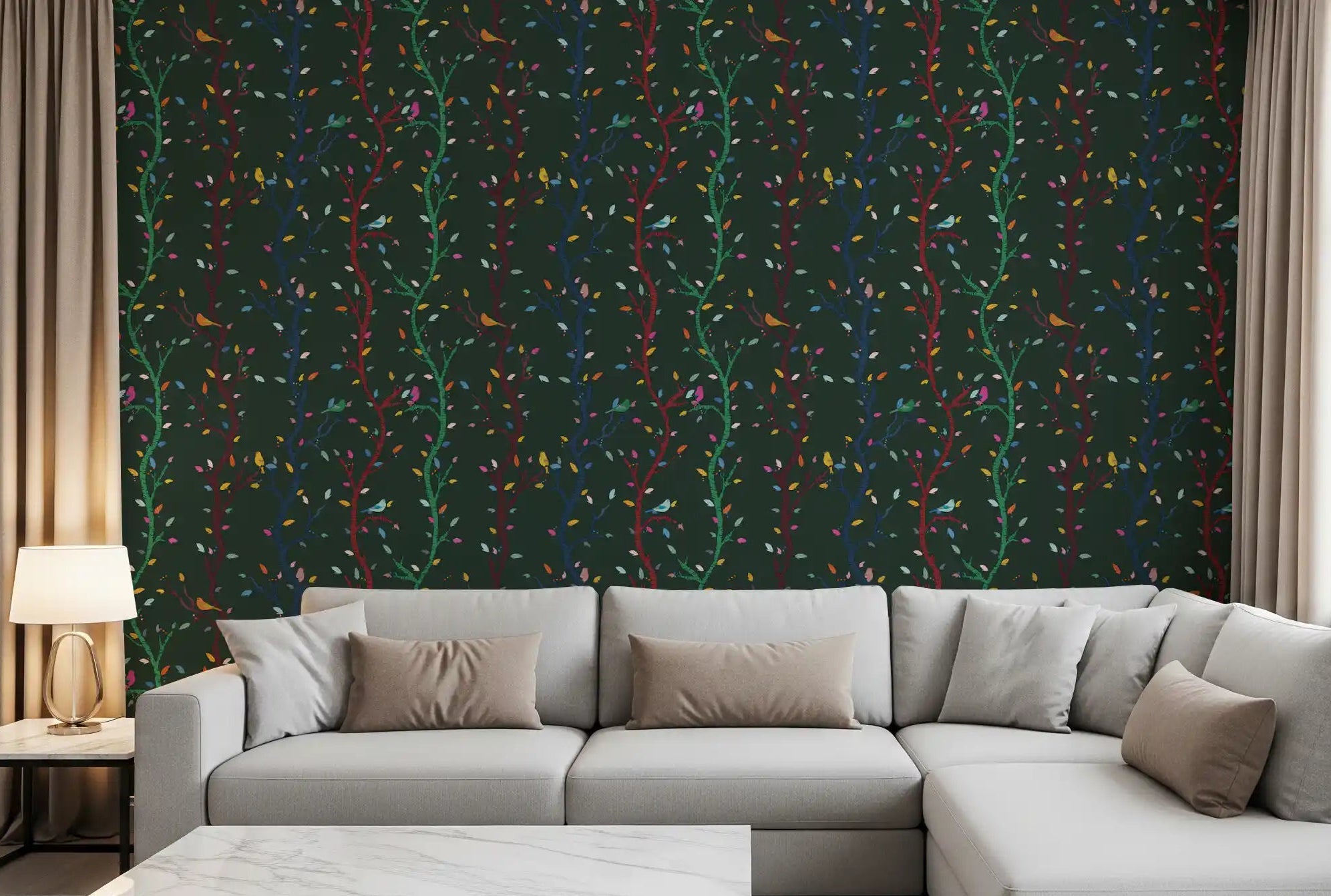 Living room Forest Night Woodland Branches with Birds wallpaper with colorful trees, GD9467