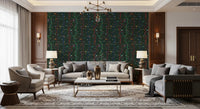Woodland bird wallpaper with colorful branches on a dark forest green background