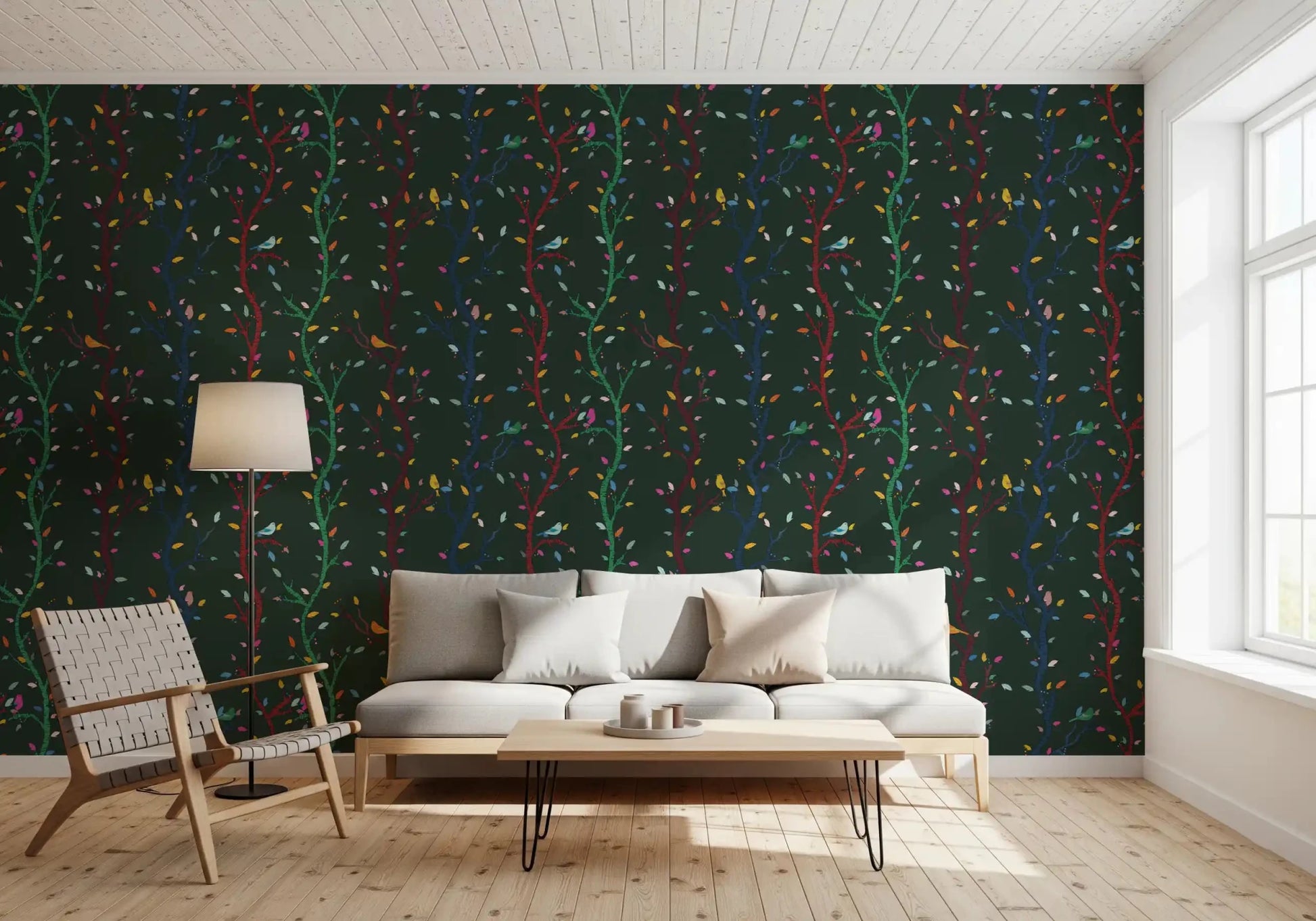 Colorful branches wallpaper with birds and falling leaves in woodland style