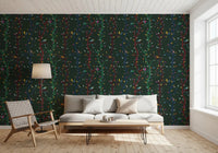 Colorful branches wallpaper with birds and falling leaves in woodland style
