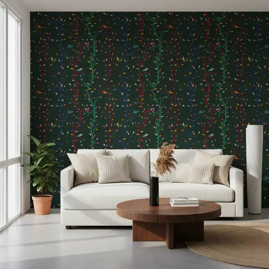 Hallway with Forest Night Woodland Branches with Birds wallpaper detail
