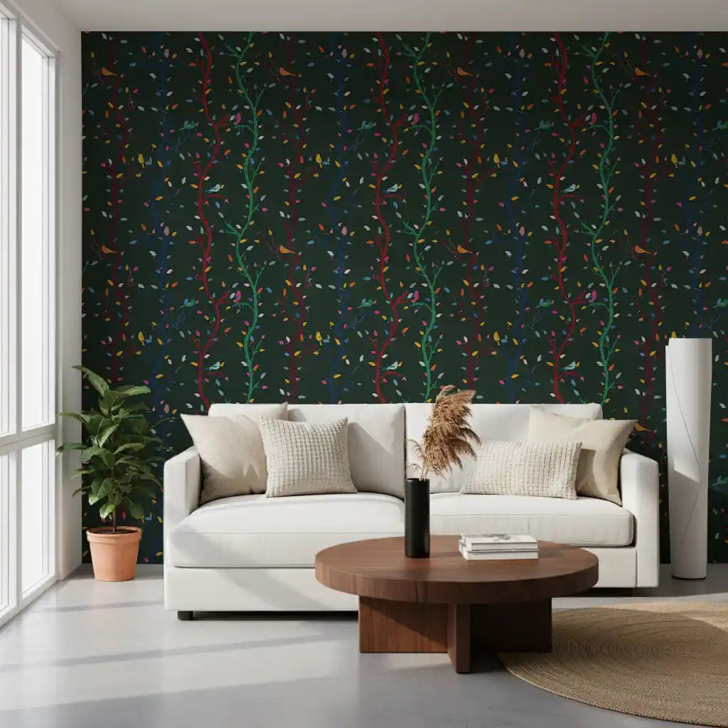 Hallway with Forest Night Woodland Branches with Birds wallpaper detail