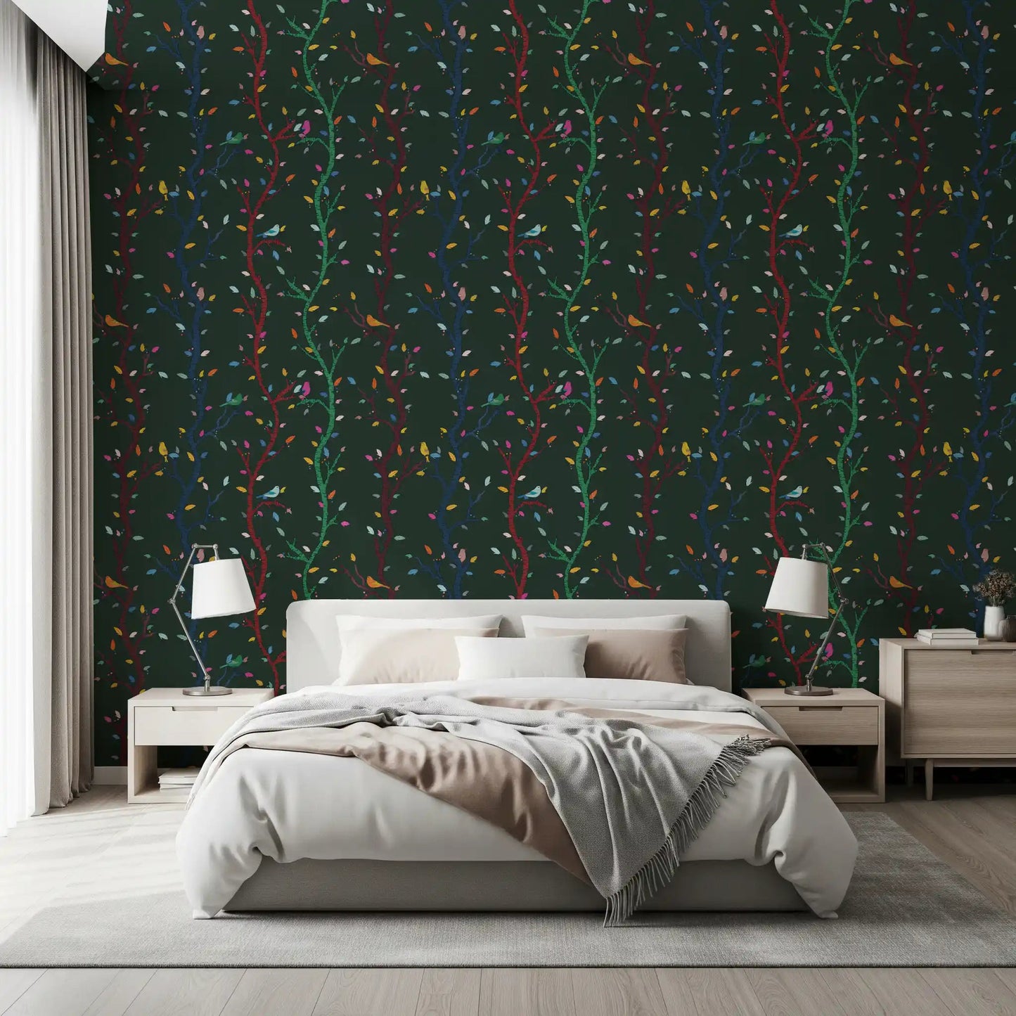 Night woodland wallpaper showing multicolor birds and tall branching trees
