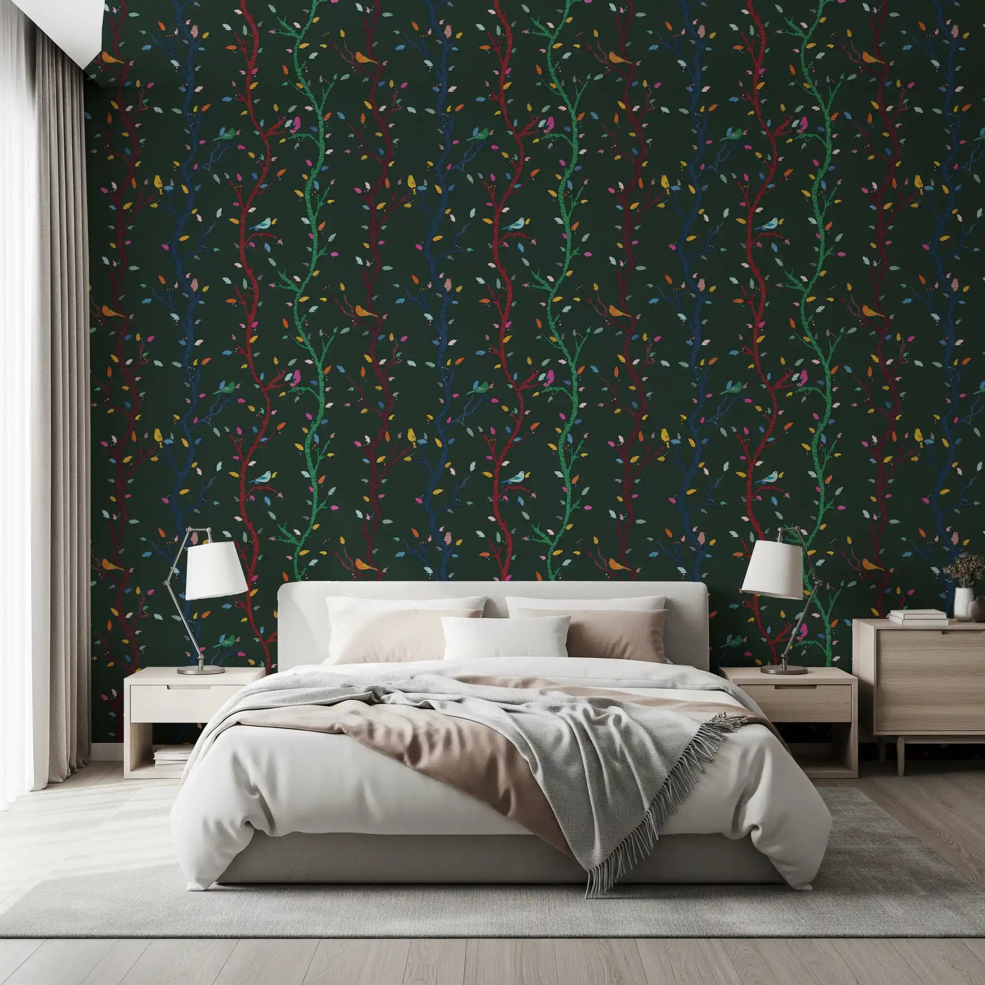 Night woodland wallpaper showing multicolor birds and tall branching trees