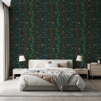 Night woodland wallpaper showing multicolor birds and tall branching trees