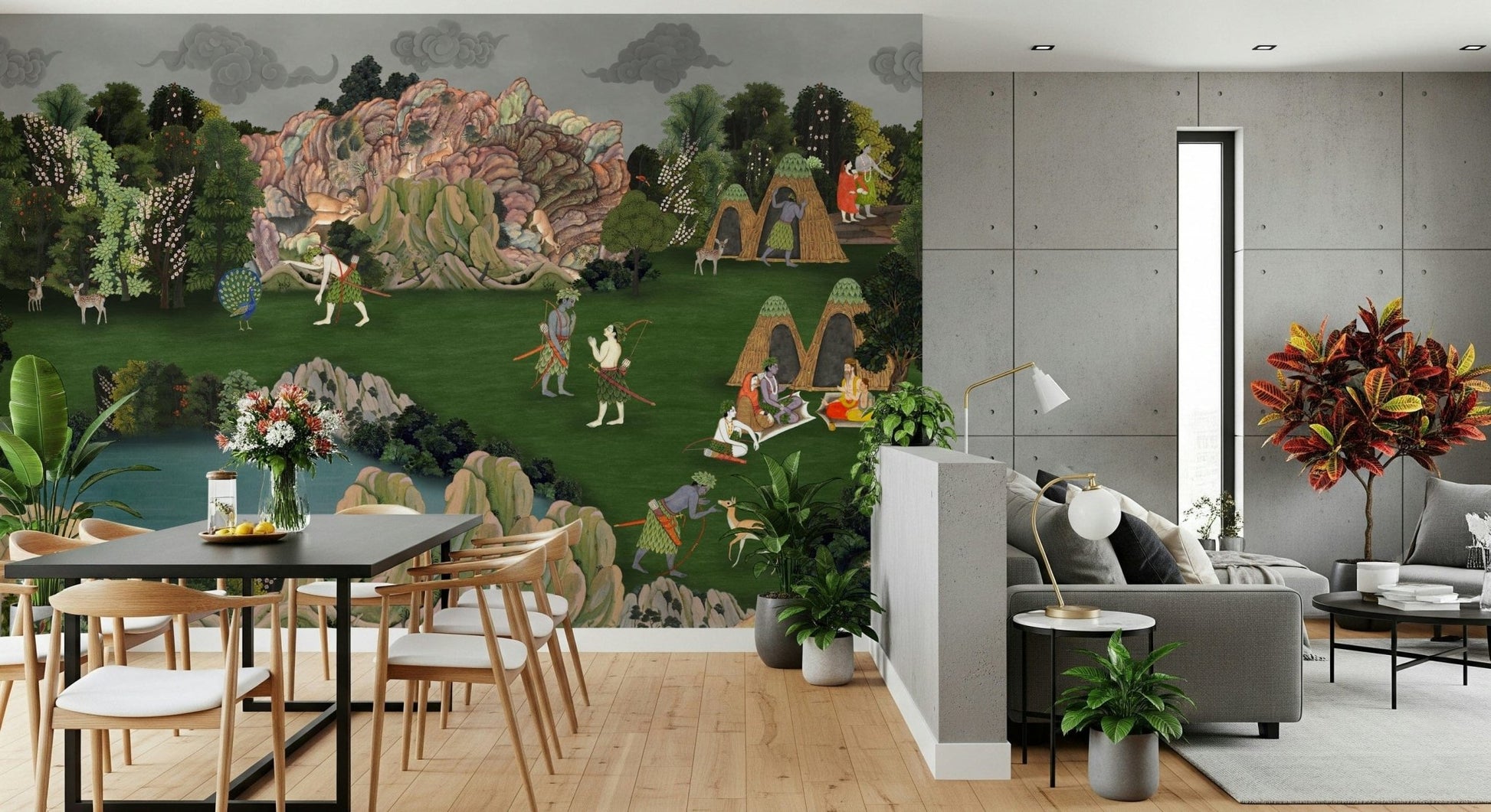 Nature Wallpaper mural with layered trees and shaded paths