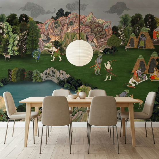 Forest Wallpaper mural showing tall trees and soft green tones, GD7570
