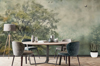 Lush forest-themed mural wallpaper for elegant dining spaces.