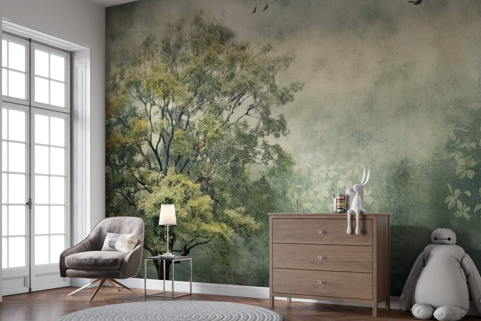 Serene Forest Paradise wall mural for tranquil living room walls. C235