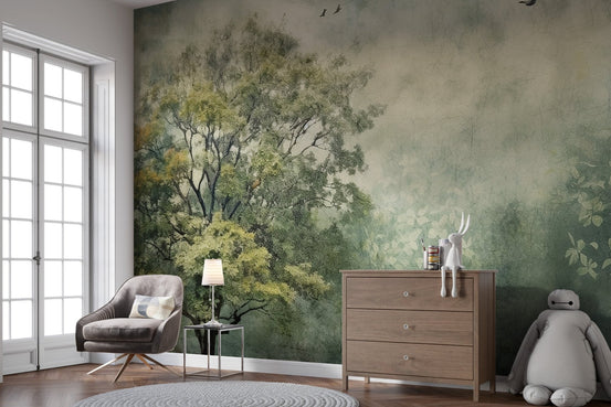 Serene Forest Paradise wall mural for tranquil living room walls. C235