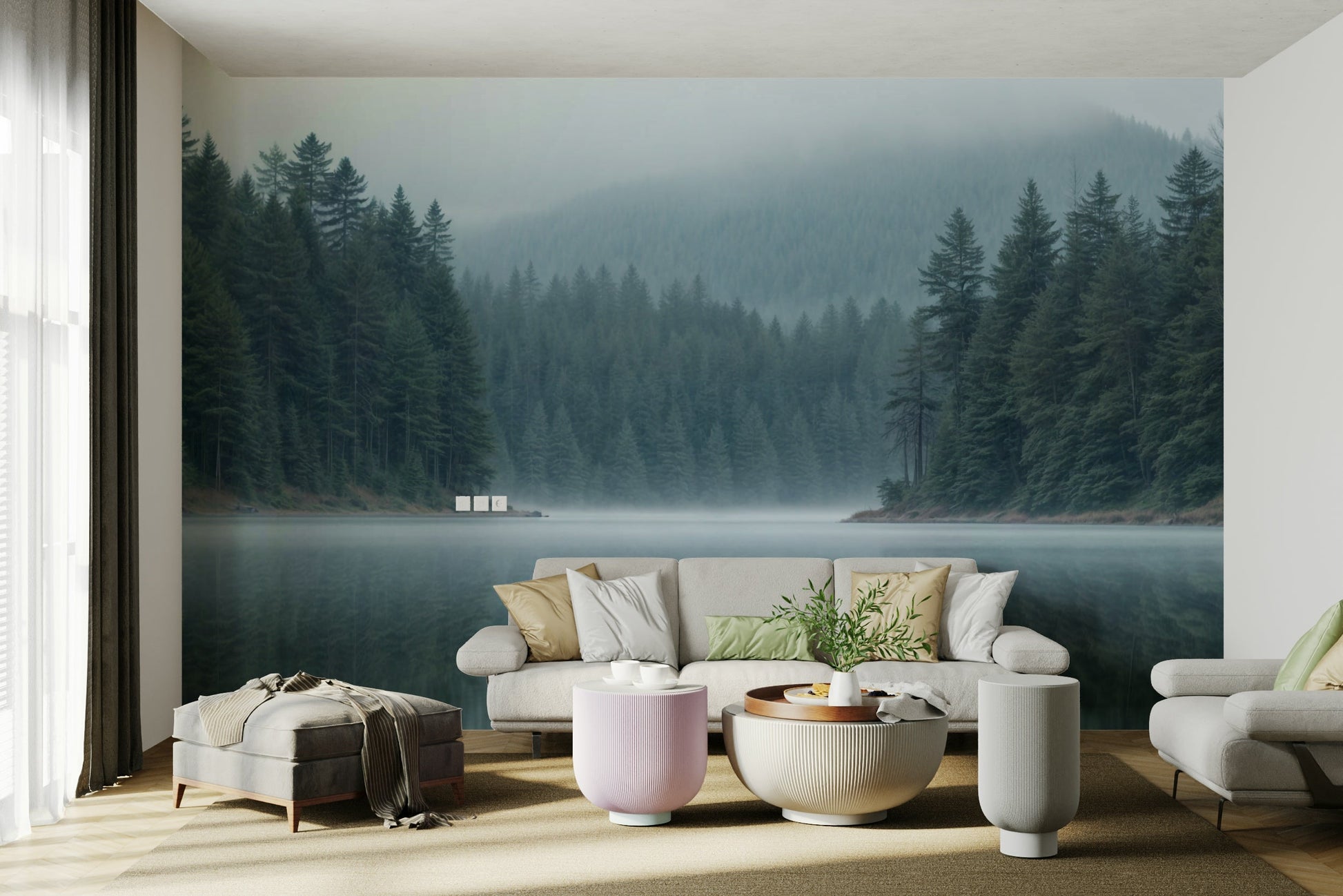 The forest and its reflection are a central focus of the image.

