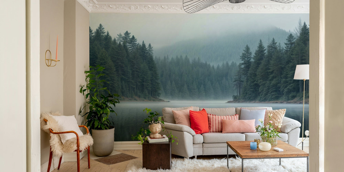 A wall mural of a peaceful forest with a reflection.

