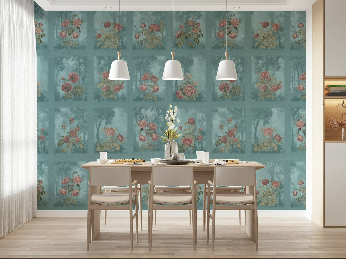 Elegant forest rose dreams wallpaper in a minimalist dining space