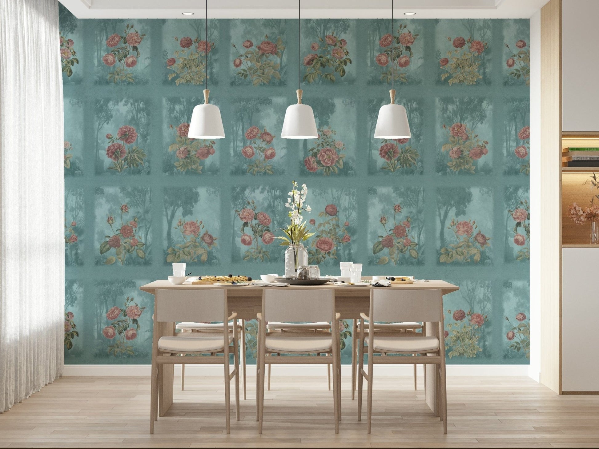 Elegant forest rose dreams wallpaper in a minimalist dining space