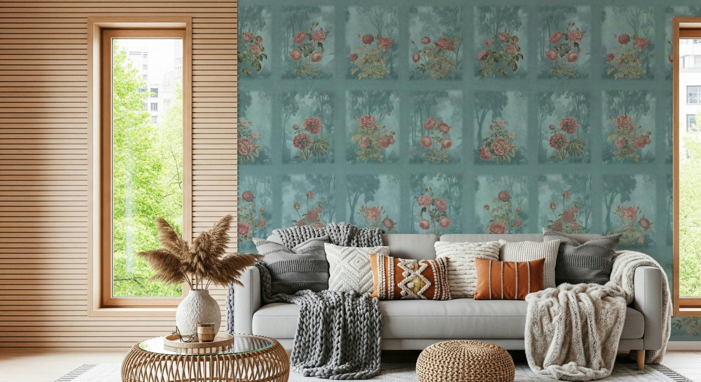 Misty woodland mural with roses for a serene guest suite