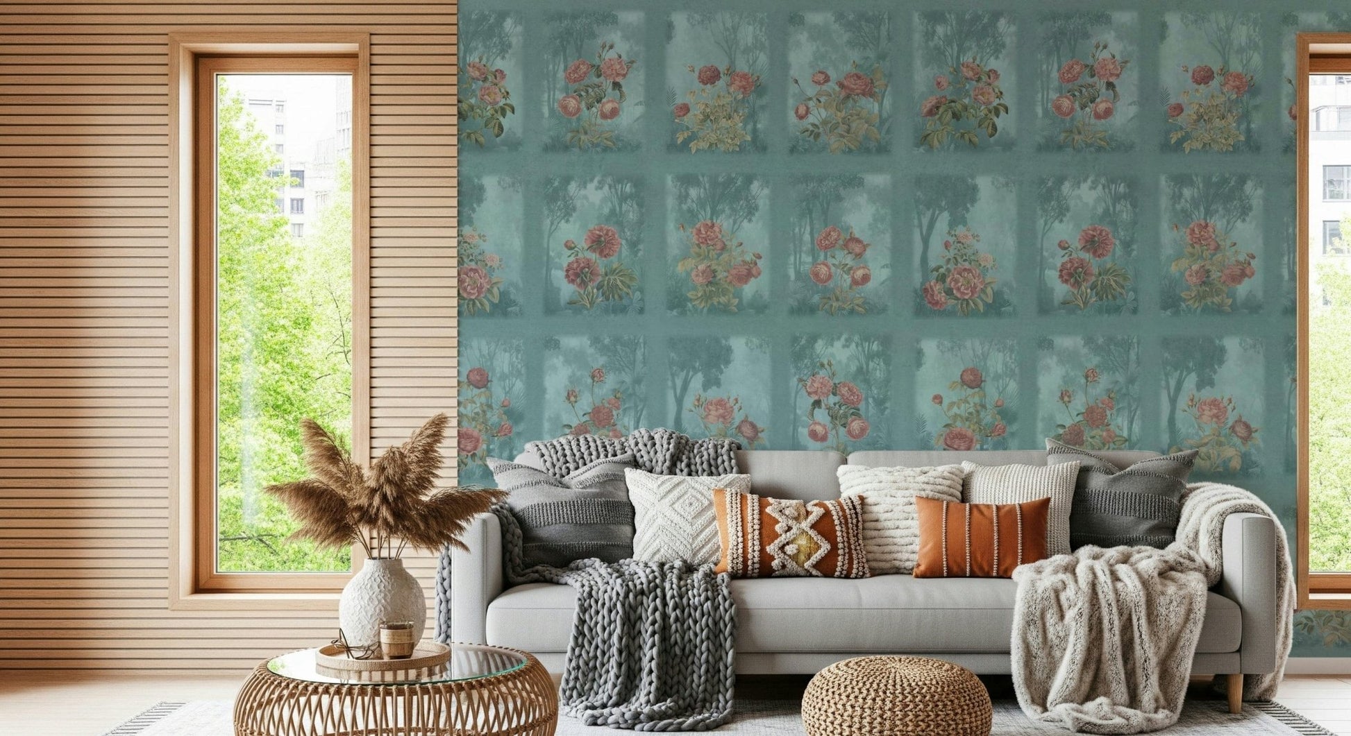 Misty woodland mural with roses for a serene guest suite