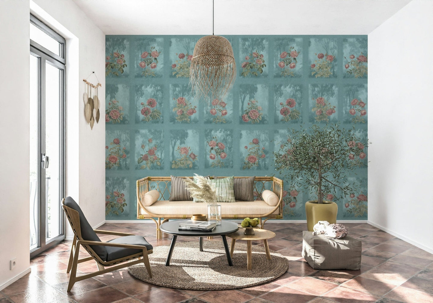 Artistic floral forest wall covering for a boutique salon space