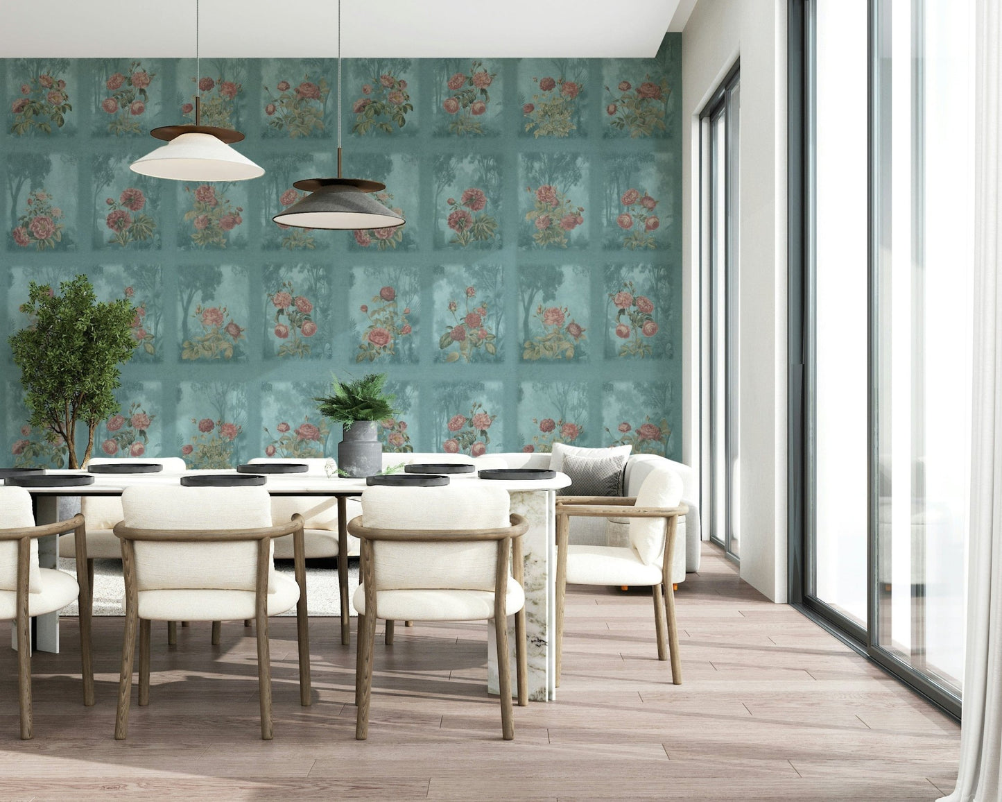 Enchanted woods mural for a floral themed living room feature wall