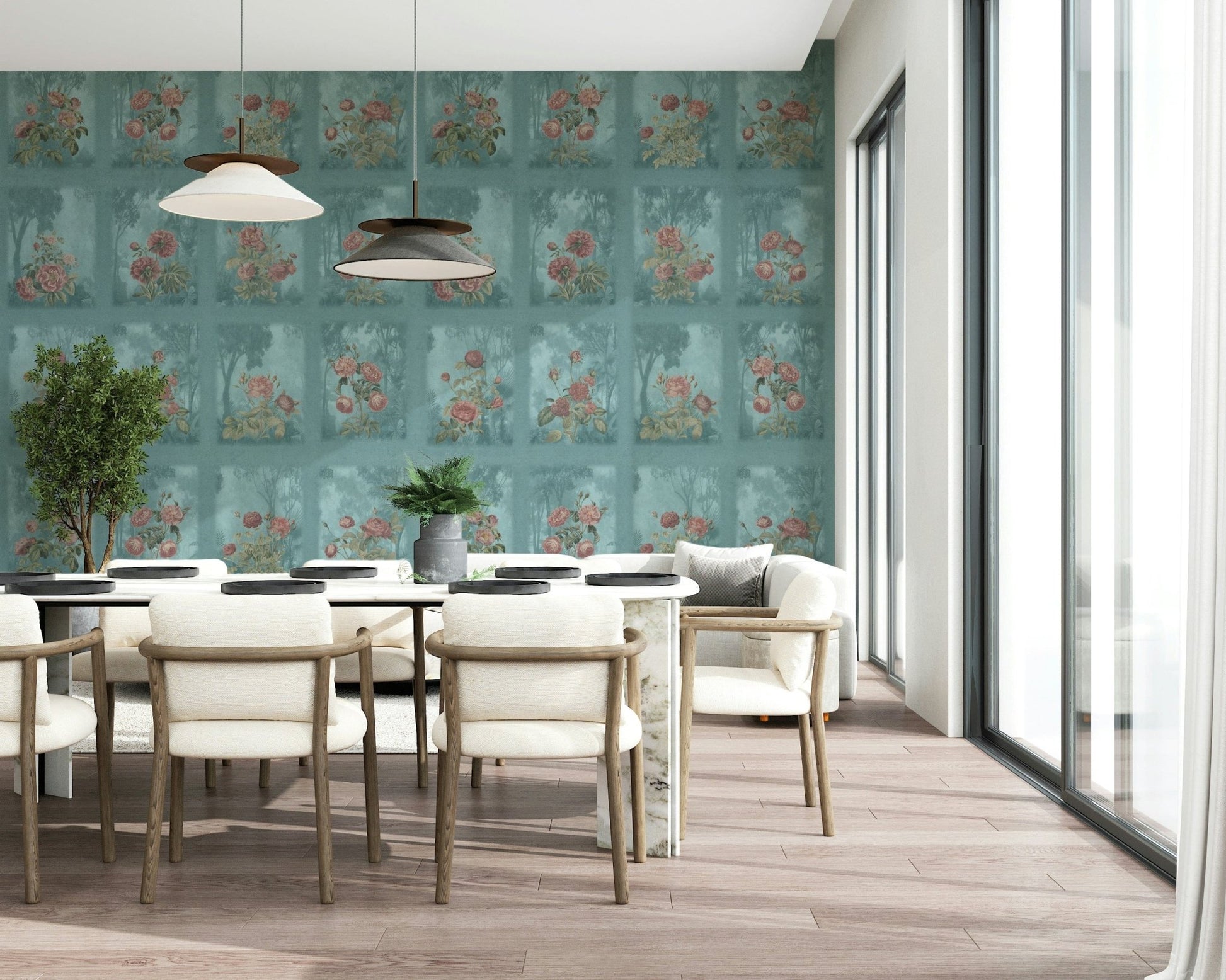 Enchanted woods mural for a floral themed living room feature wall