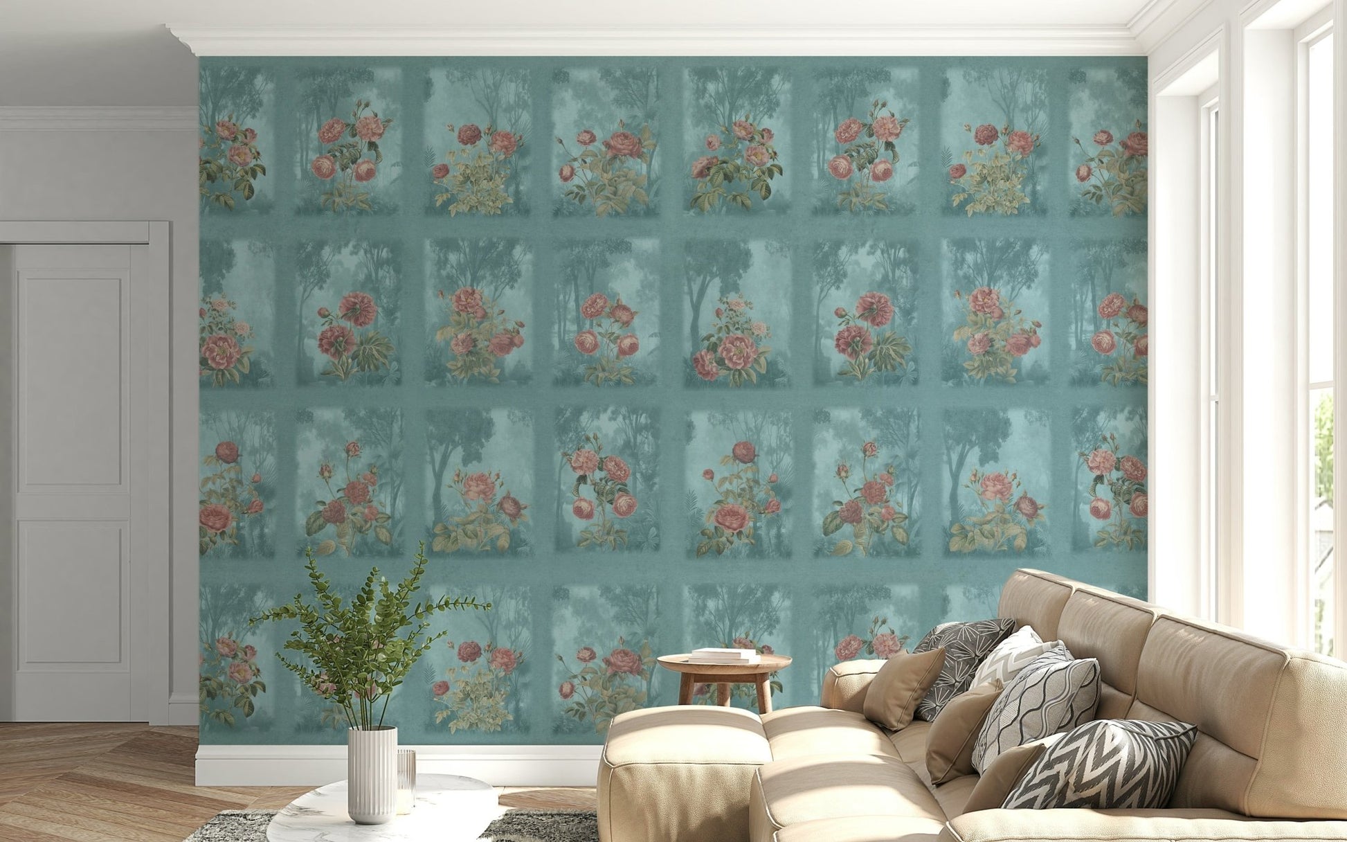 Botanical forest wallpaper with rose accents for a quiet lounge