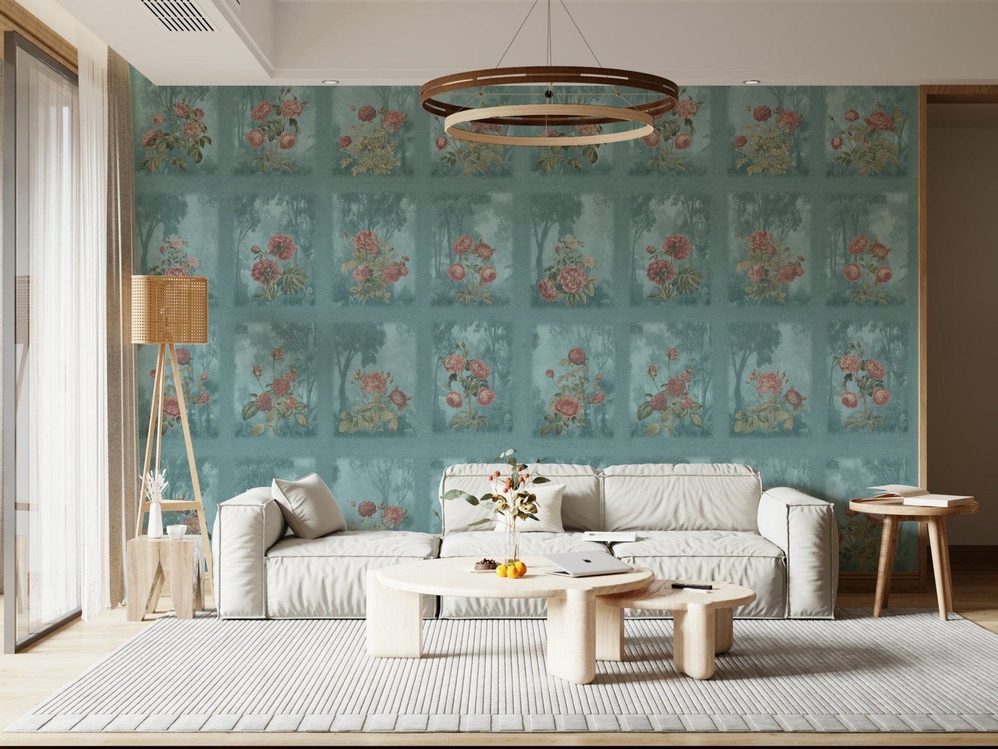 Soft pink forest rose dreams wall mural in a modern nursery