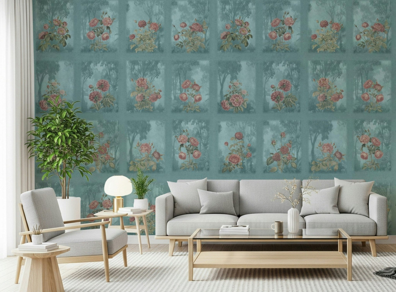 Forest rose dreams wall mural behind a velvet sofa in a den