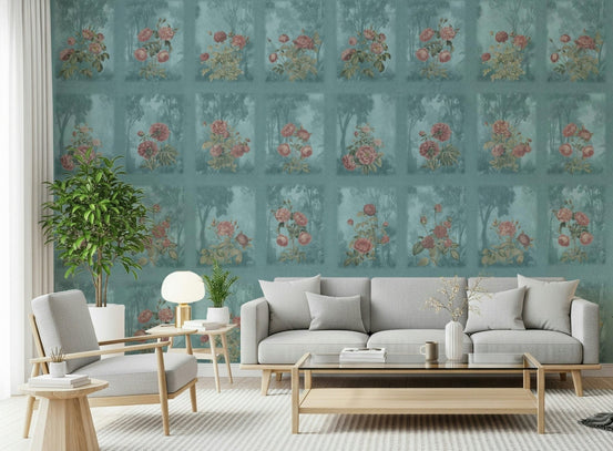 Forest rose dreams wall mural behind a velvet sofa in a den, GD7582