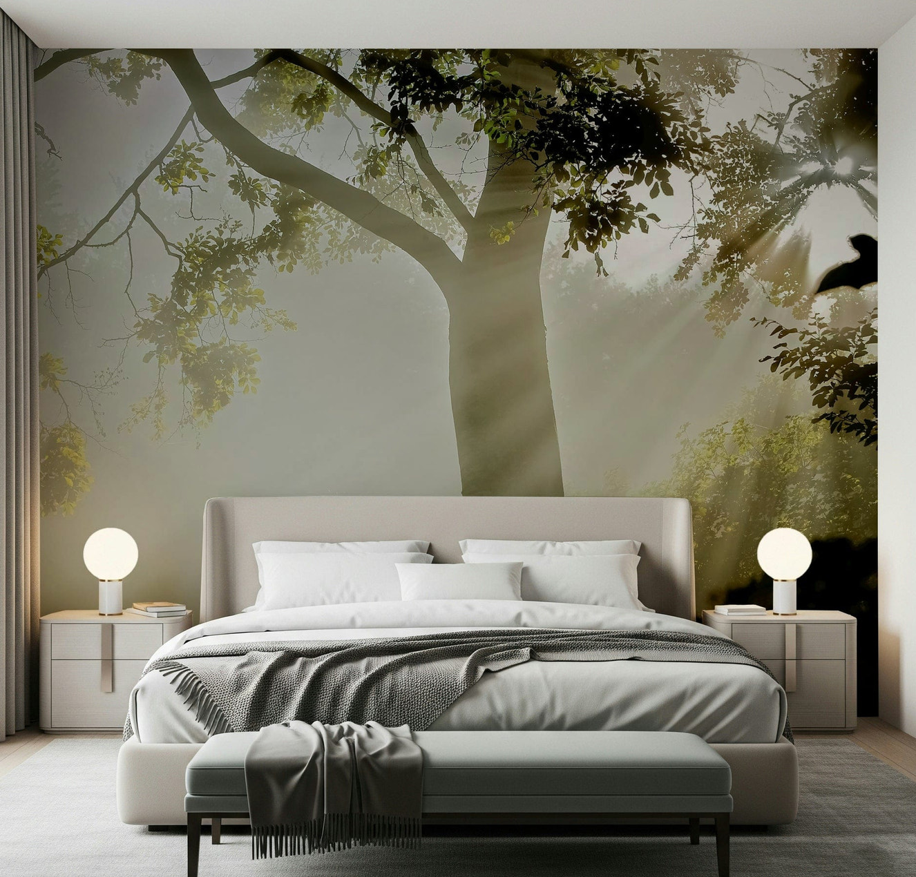 Bedroom setup featuring Forest Serenity wall mural with soft morning light tones