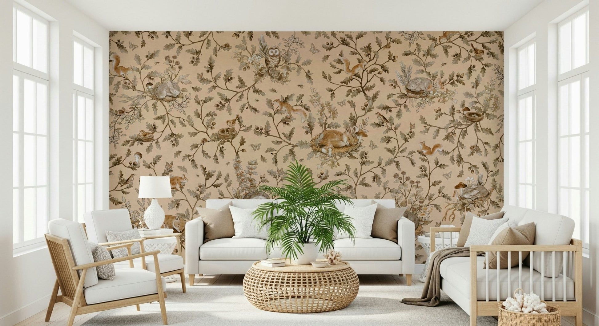Artistic ethereal woods backdrop Forest Slumber Wallpaper Wall Mural brightening an interior.
