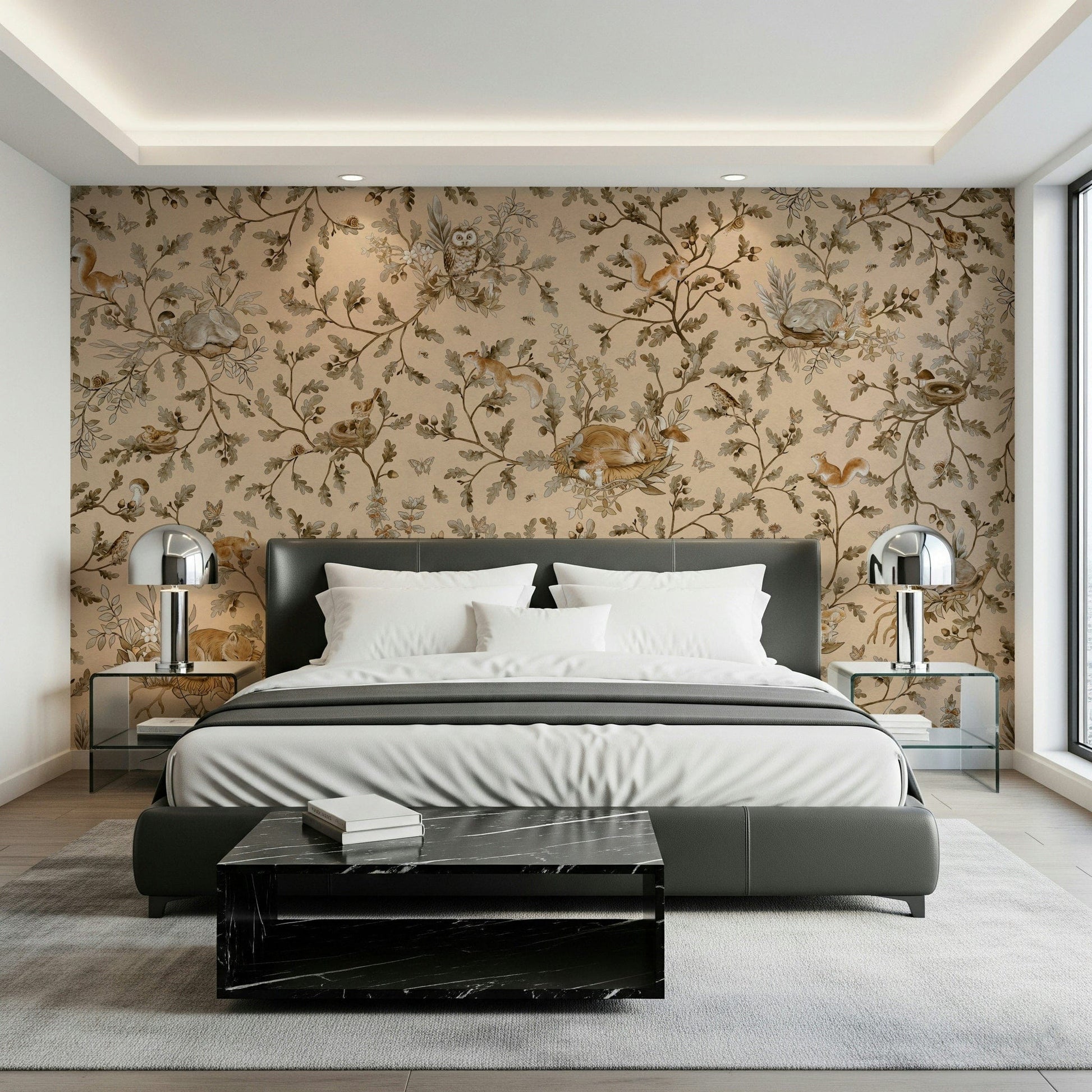Gentle abstract trees pattern Forest Slumber Wallpaper Wall Mural accenting a quiet nook.