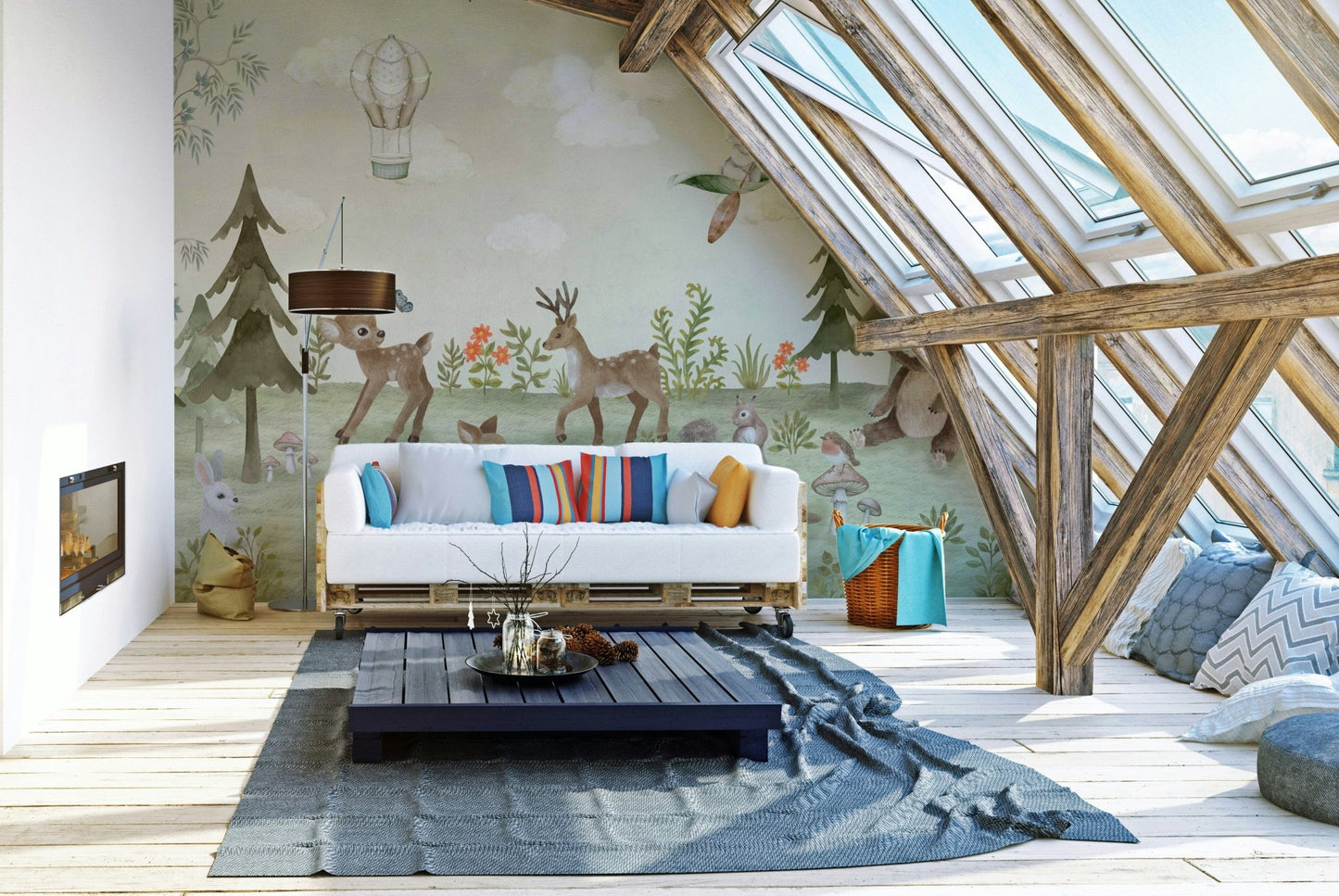 A peaceful wall mural with an organic, woodland design.

