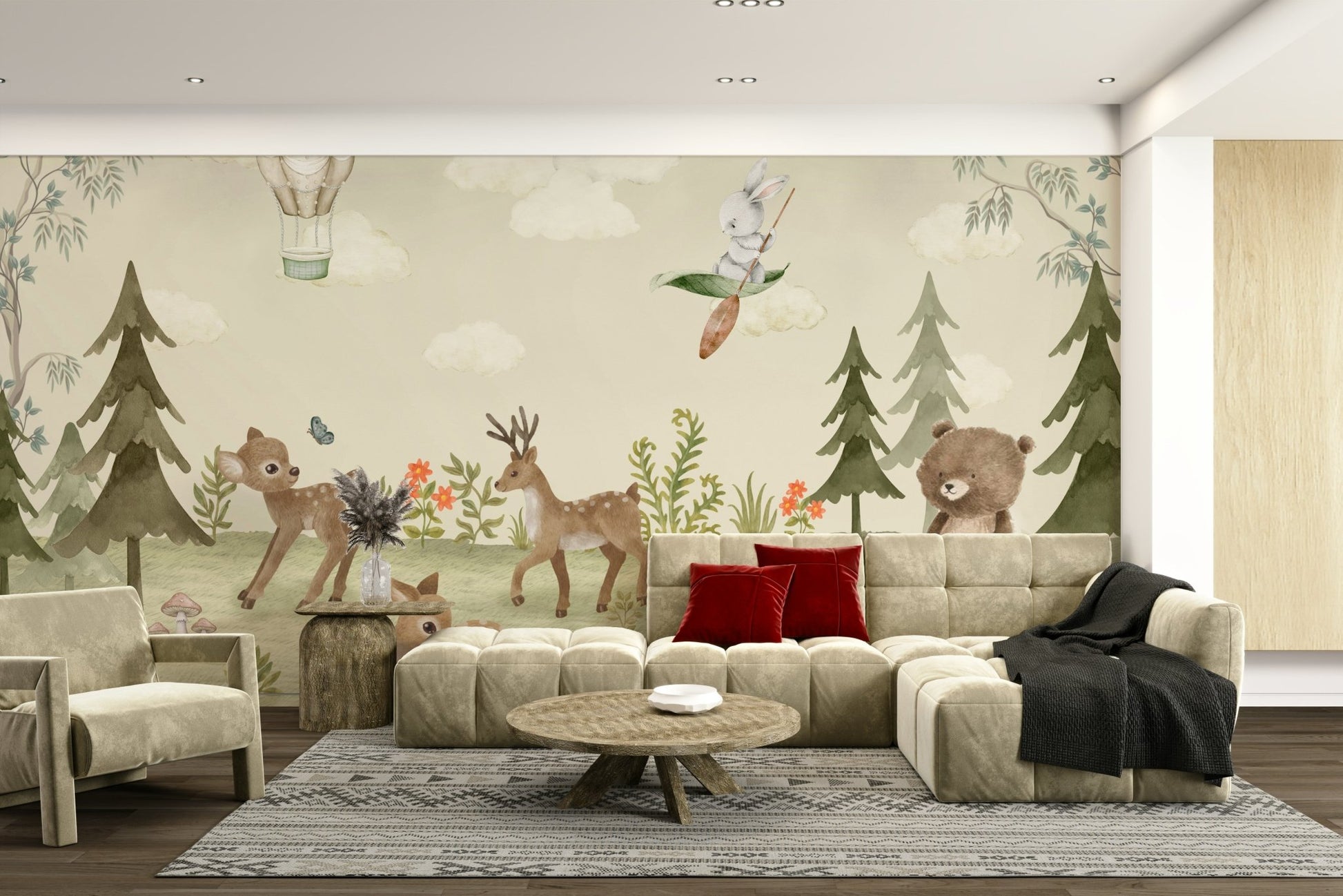 The design features a repeating pattern of soft, delicate tree and animal shapes.


