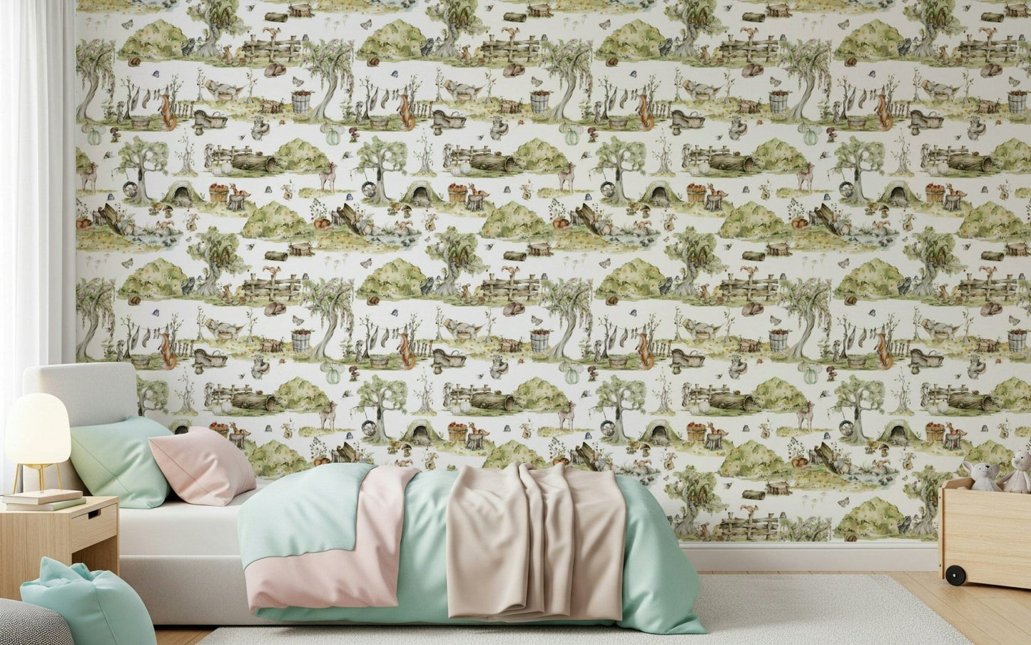 Whimsical Forest Tales pattern, nature theme wall decoration.