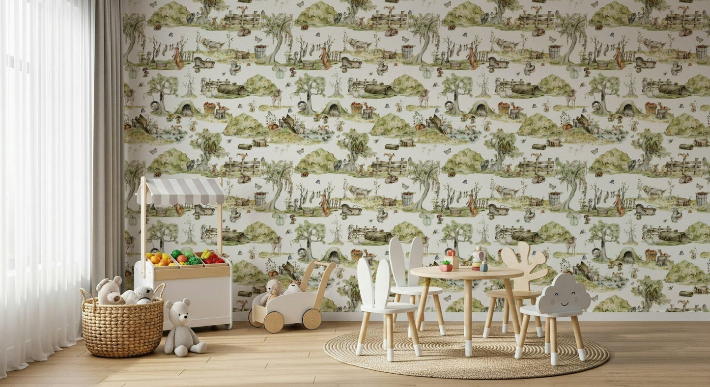Wall covering Forest Tales pattern, forest animal design print.