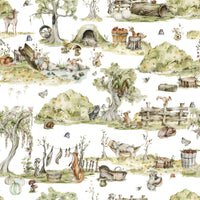 Cozy Forest Tales wall design, soft green and earthy hues.