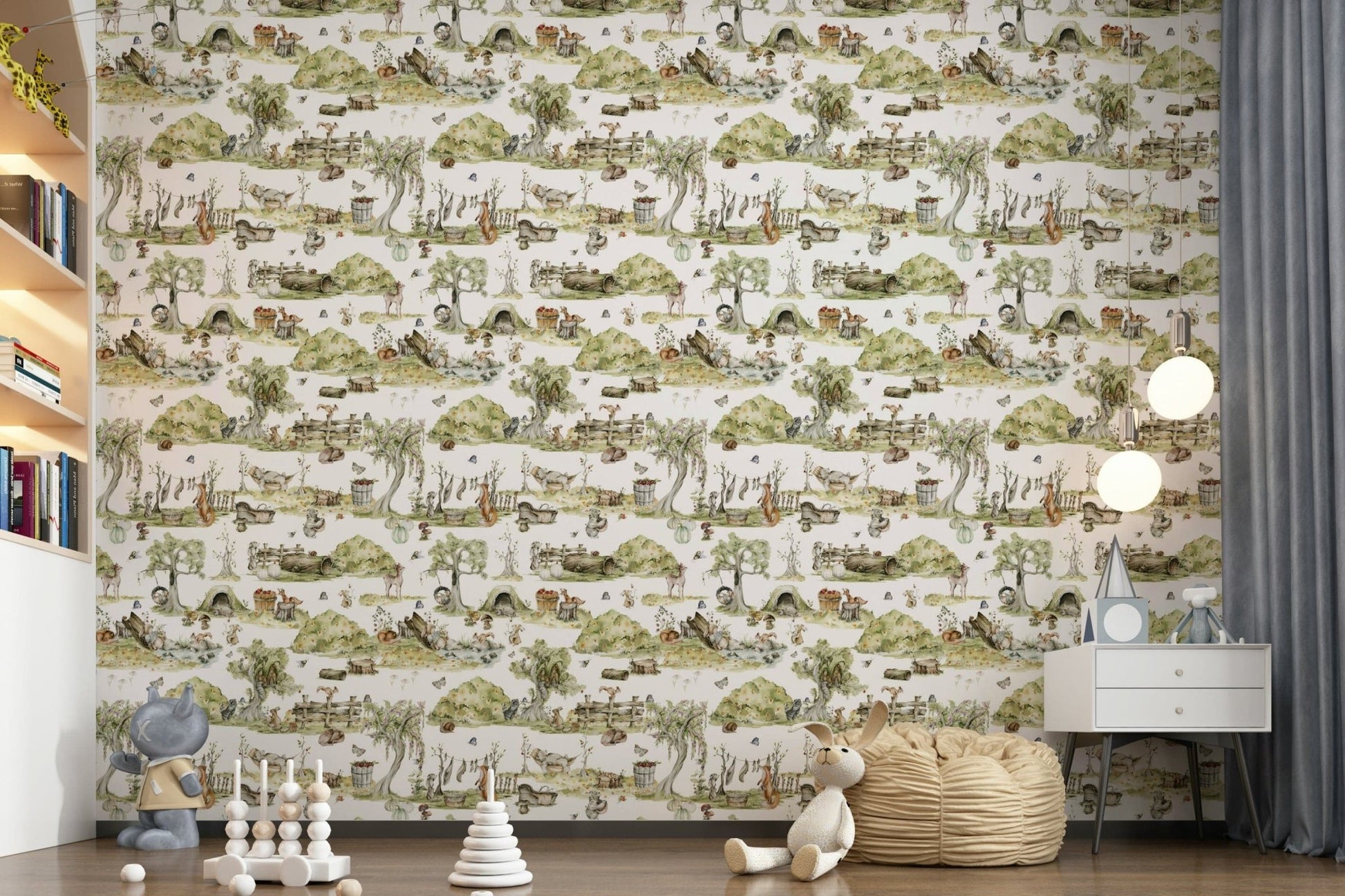 Beautiful Forest Tales forest print, adorable mural pattern.