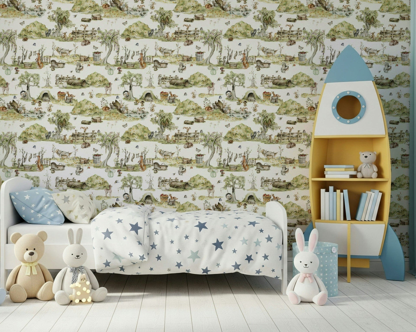 Kids Forest Tales wall treatment, gentle woodland habitat.