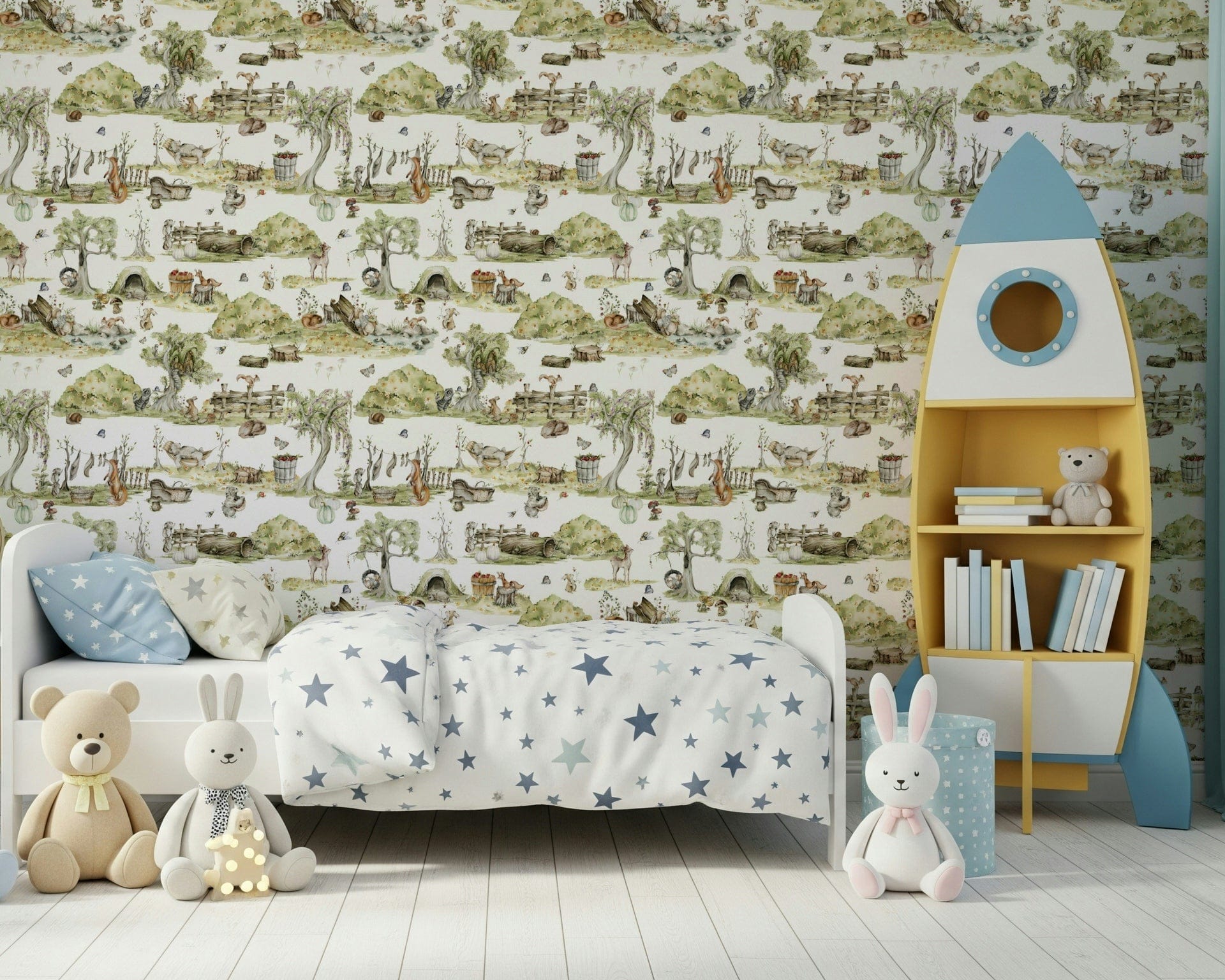 Kids Forest Tales wall treatment, gentle woodland habitat.
