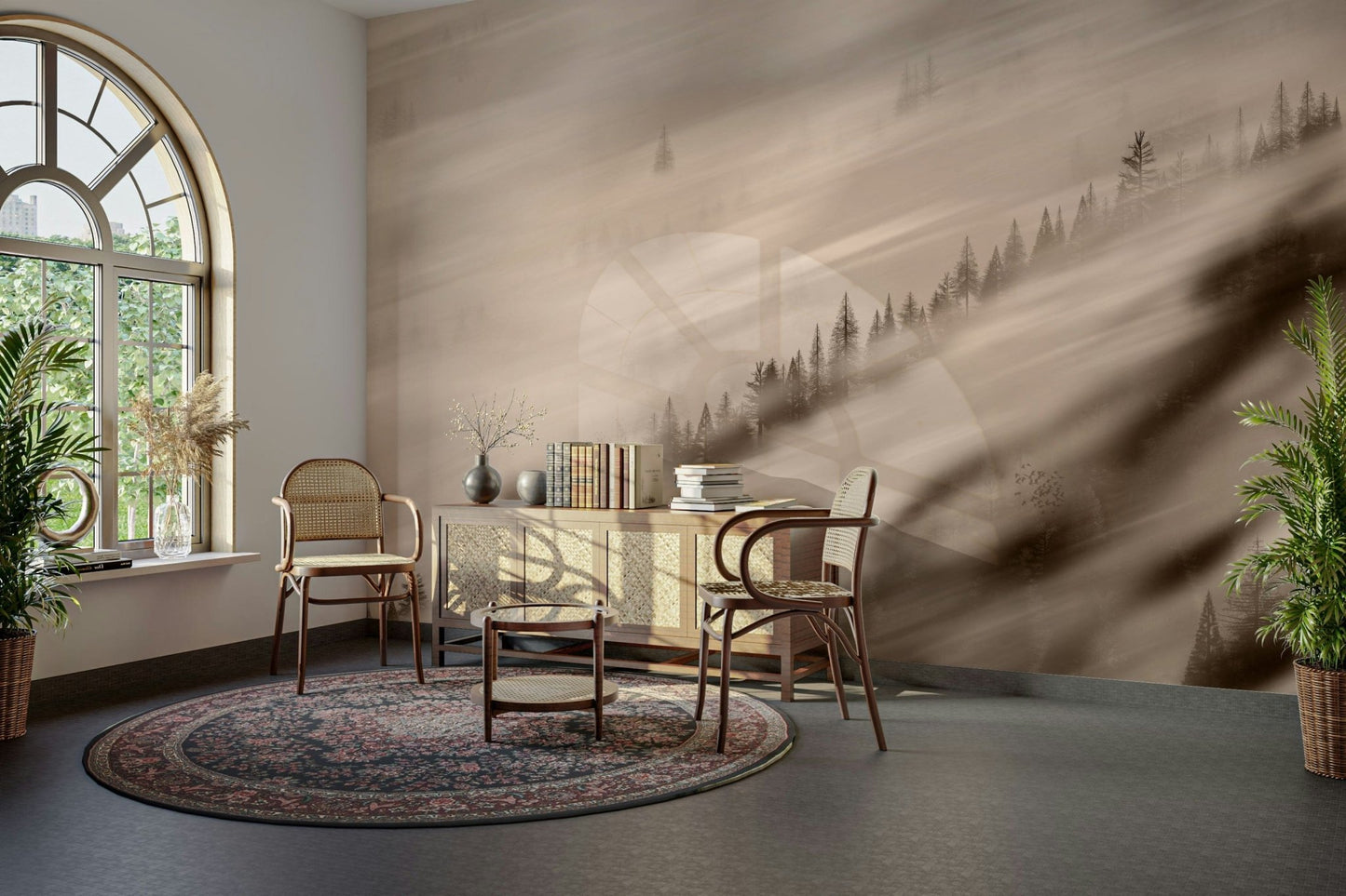 pine tree wallpaper in warm tones