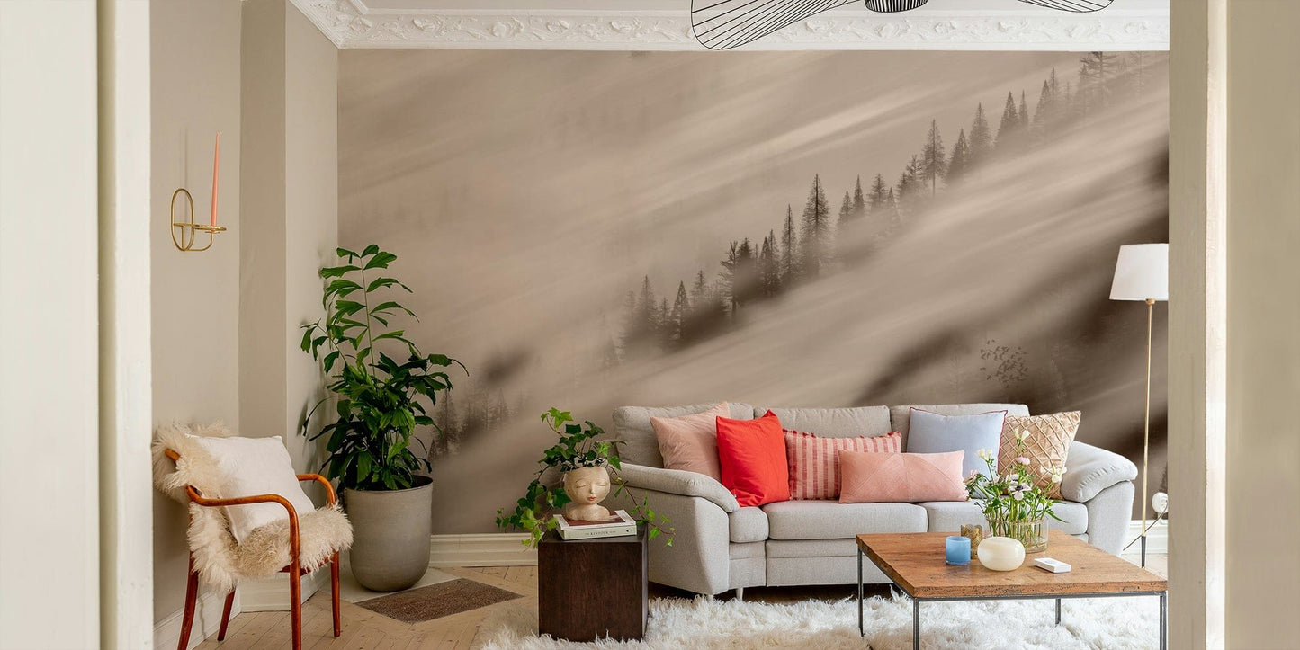 brown misty trees wallpaper mural