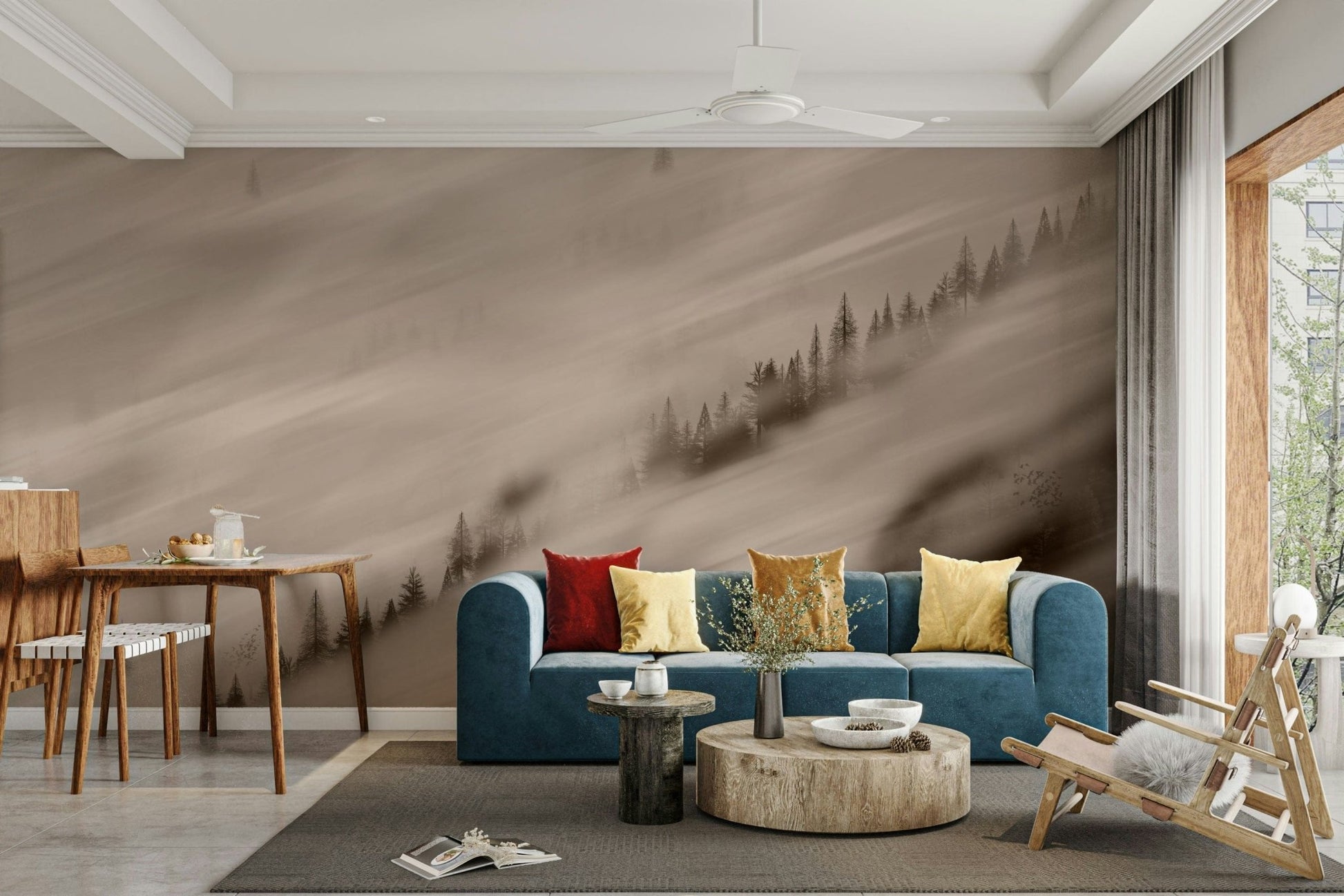 faded forest wall mural in sepia