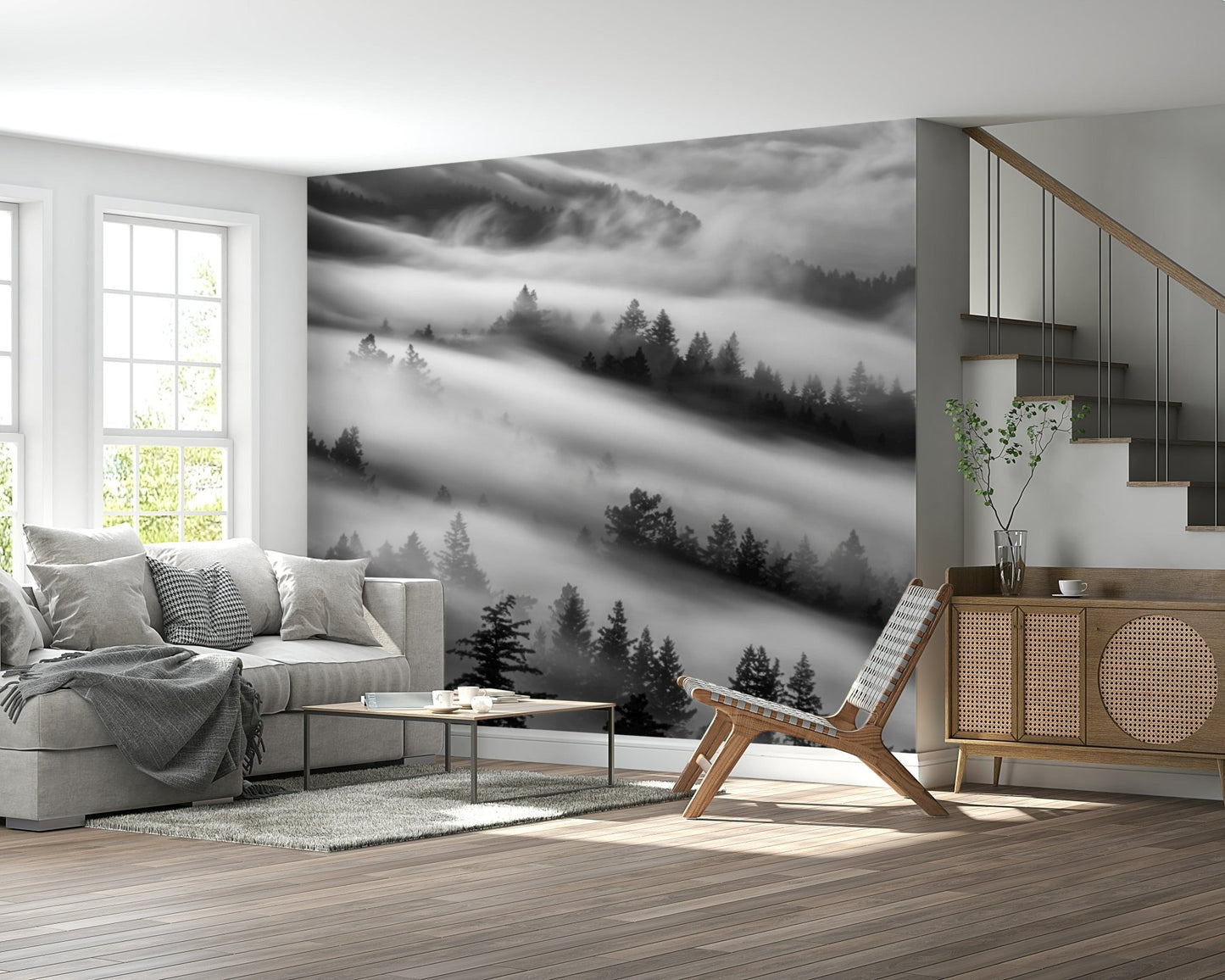 Black and white Forest Veil mural cloudy wilderness scene