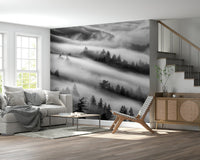 Black and white Forest Veil mural cloudy wilderness scene