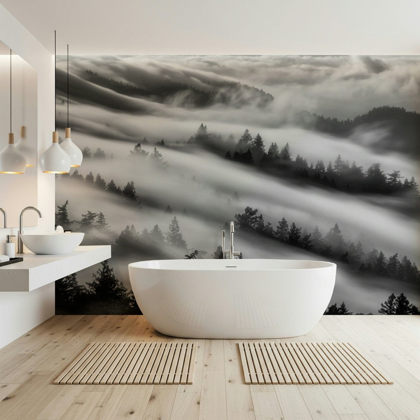 Ethereal fog rolling over trees Forest Veil wallcovering