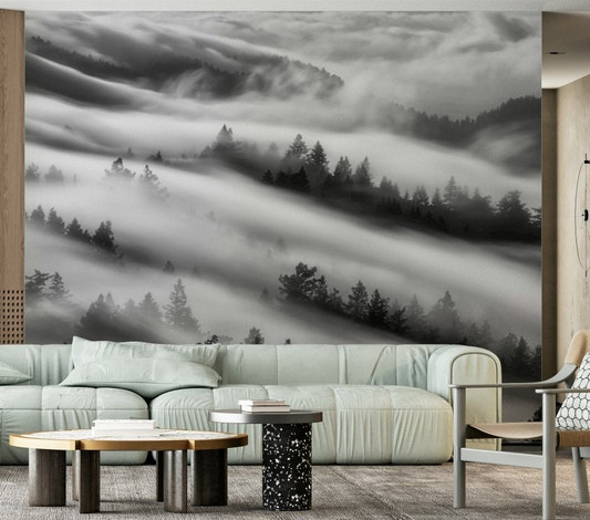 Forest Veil peel and stick wallpaper dramatic valley mist