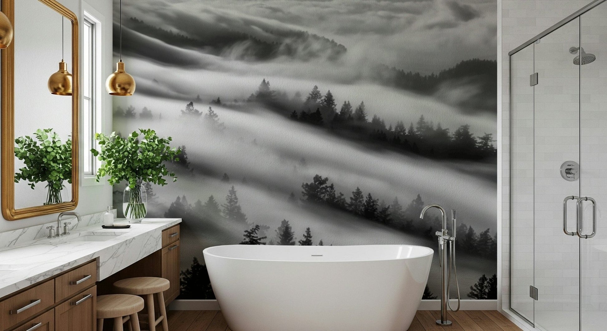 Forest Veil wallpaper for walls pine trees shrouded in mist