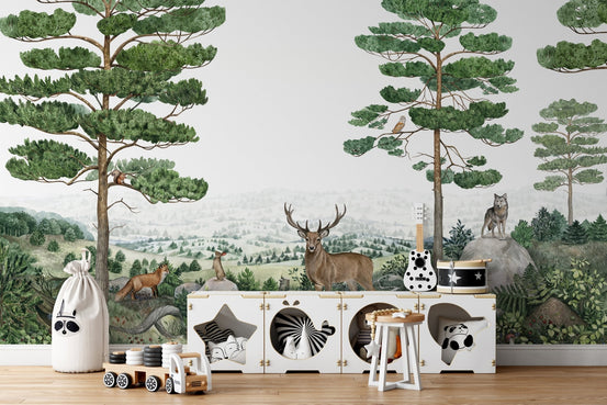 Forest Vista peel and stick wallpaper murals with wildlife KB30