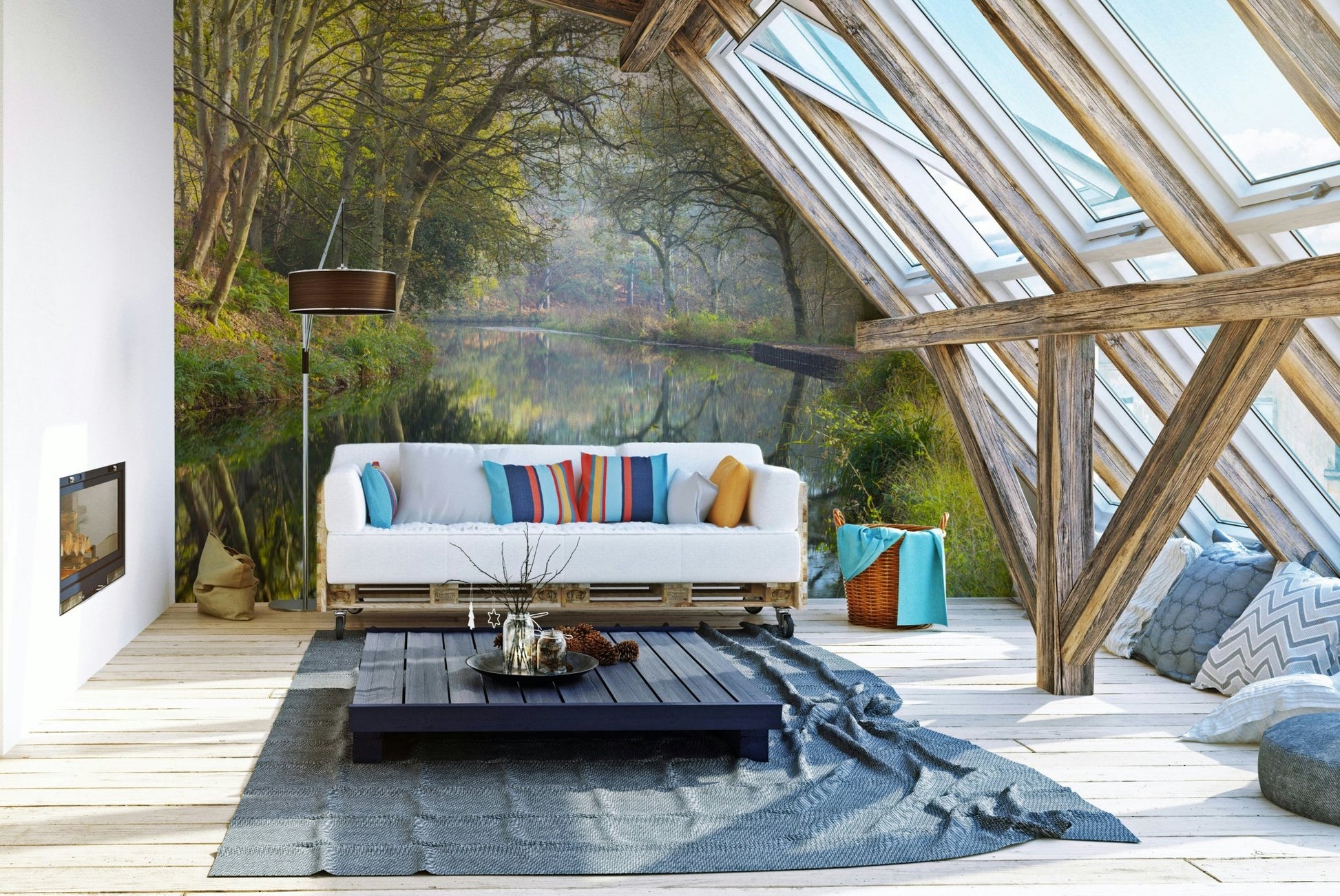 Trees with lush green leaves line the banks of the stream.

