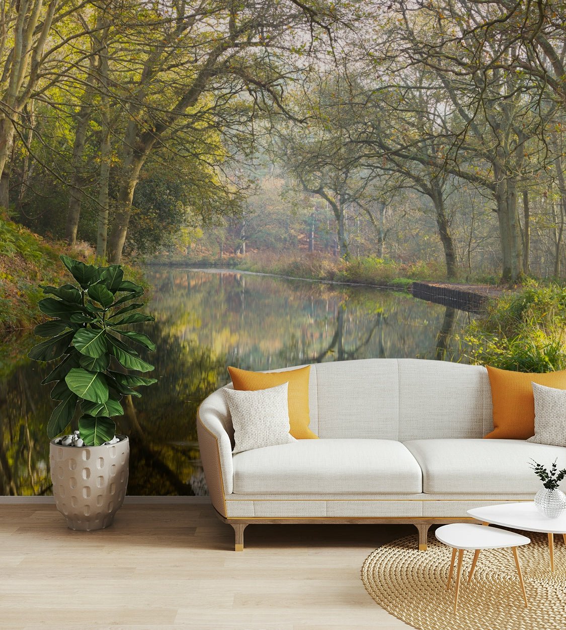 The colors are soft and muted, with various shades of green, brown, and blue.

