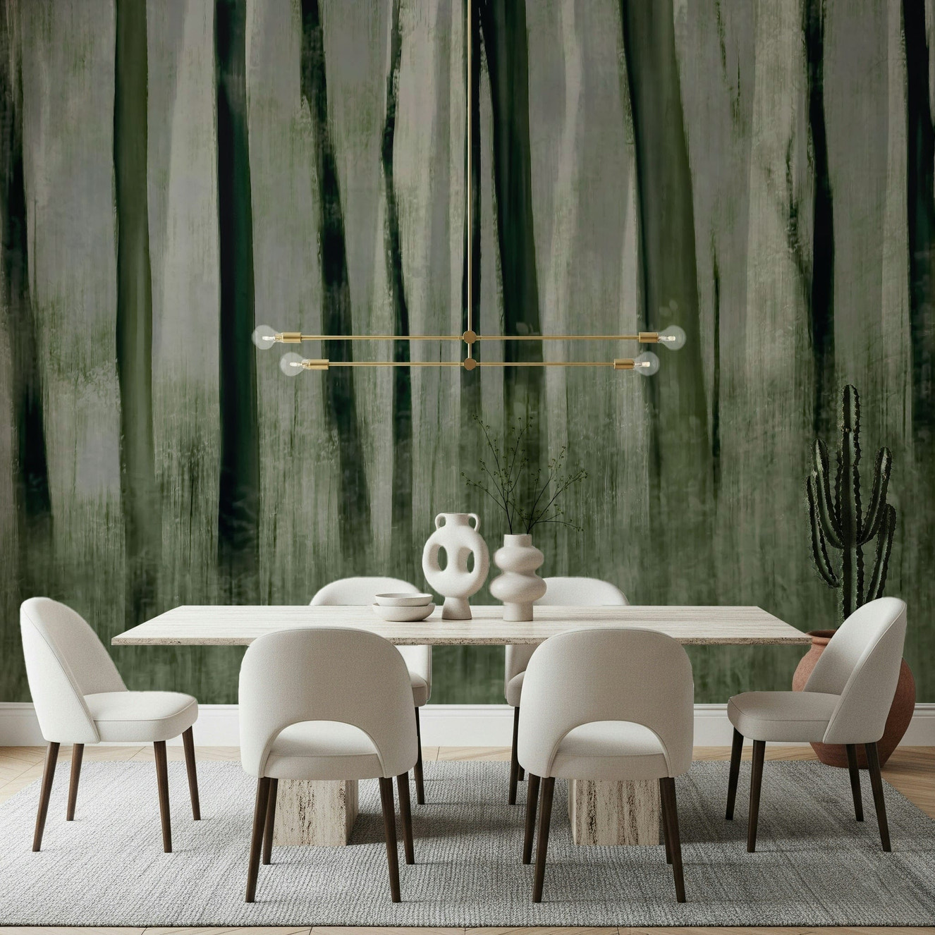 A beautiful serene forest wallpaper mural with subtle, misty light.